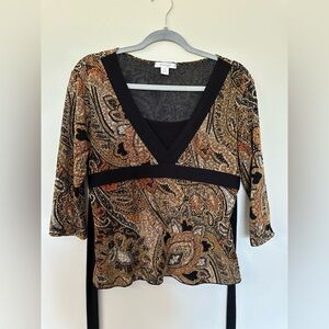Dressbarn Y2K Orange, Browns, and Black Tie Back Blouse Size S
